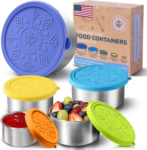 Vista 10 de Recipientes de alimentos de acero inoxidable, cajas de almuerzo de metal, juego de 5, brillantes Everusely lunch containers feature colorful lids
