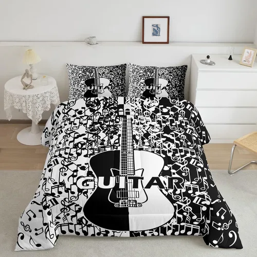 Vista 20 de Castle Fairy Juego de edredón de botas de vaquero, tamaño individual, juego de ropa de cama bohemio con guitarra musical para niños y niños