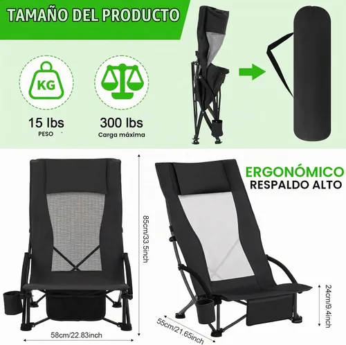 Vista 3 de Spiareal Paquete de 2 sillas de respaldo alto para adultos con reposacabezas, bolsa de transporte, mochila portátil, silla de playa plegable, 300