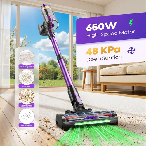 Vista 2 de Aspiradora inalámbrica, aspiradoras de 650W y 48 kPa para el hogar, aspiradoras de palo autoportantes con pantalla LED, anti-enredos, ligeras