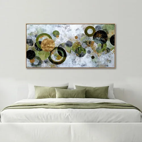 Vista 5 de JLXART Lienzo abstracto enmarcado, arte para la pared, moderno círculo verde dorado y negro, pintura colorida, obra de arte texturizada, lista