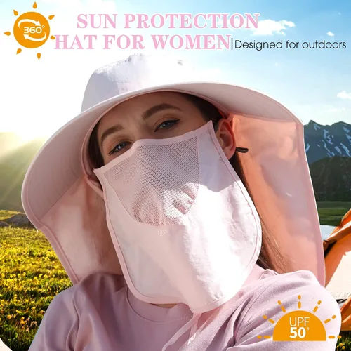 Vista 3 de icolor Sombrero solar para mujer con protección solar UPF 50+ de ala ancha, visera de protección solar UV con solapa de cuello de 12 pulgadas