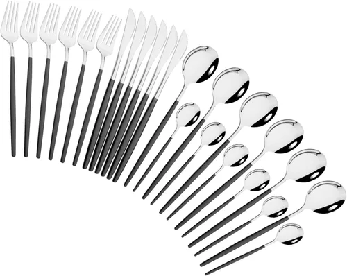 Vista 28 de Juego de cubiertos de 24 piezas, juego de cubiertos de acero inoxidable con espejo, cucharas, tenedores, cuchillos, diseño moderno, servicio para 6
