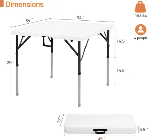 Vista 9 de Mesa plegable cuadrada de 34 pulgadas plegable por la mitad, mesa portátil de comedor de alta densidad resistente con asa de transporte, mesas