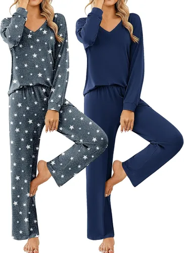 Vista 22 de Ekouaer Conjunto de 2 pijamas para mujer, pijamas de manga larga con camiseta y pantalones, cuello en V, pijamas suaves con bolsillos, ropa