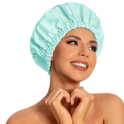 Vista 38 de Gorro de ducha reutilizable para mujer, grande, impermeable, lavable, banda elástica, accesorios de baño, sombrero para cabello largo, trenzas Beige
