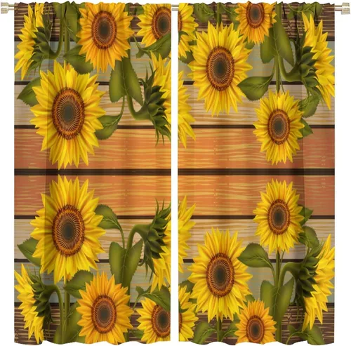 Vista 23 de Cortinas opacas de girasol, diseño natural, de granja, floral, con bolsillo para barra, para ventana, para dormitorio, sala de estar, 42 x 45