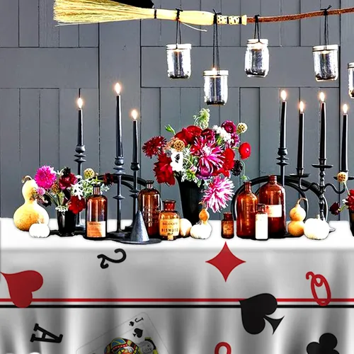 Vista 4 de Mantel de mesa rectangular con temática de póquer, decoración para Las Vegas, buena suerte, fiesta, casino, noche, carnaval, fiesta de cumpleaños