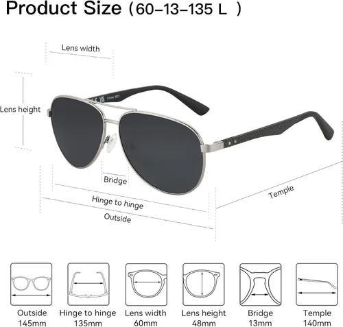 Vista 5 de ZENOTTIC - Gafas de sol polarizadas tipo aviador para hombres con patillas de fibra de carbono estilo piloto, lentes espejados y protección UV