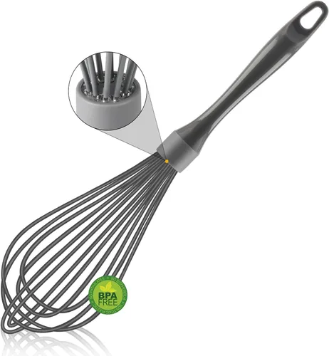 Vista 10 de OYV Batidor de silicona azul, batidor profesional de plástico para cocinar, sin arañazos, acero inoxidable y resistente al calor, batidor de goma