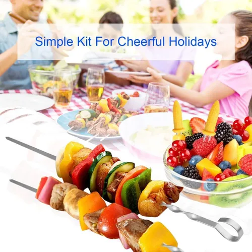 Vista 7 de Shish Kabob - Pinchos de kebab, de acero inoxidable de 17.7 pulgadas, reutilizables, palitos planos para barbacoa, para carne, pollo, camarones