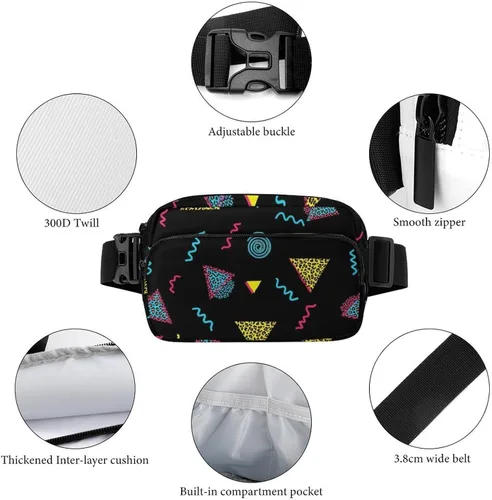 Vista 5 de Fashionable Crossbody Fanny Pack for Women Men Lightweight Belt Bag Black Retro 80s 90s Waist Pack Gym Backpack for Hiking Cycling