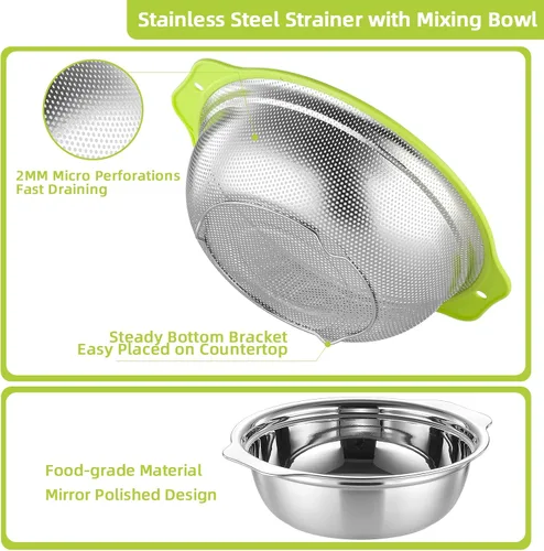 Vista 4 de Colador de acero inoxidable microporoso, colador de arroz de 2QT con tazón para mezclar, juego de tazón para lavar arroz con asa, coladores
