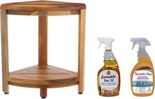 Vista 10 de Esquinero earthyteak ™. Totalmente montado. Esquinero de 2 niveles, de teca compacta. Banco de pie para ducha con estante. Almacenamiento