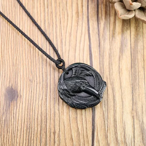 Vista 15 de COAI Collar de obsidiana negra de cuervo de joyería vikinga para hombre