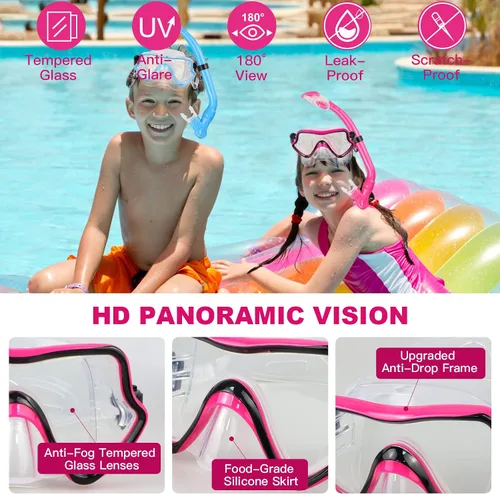 Vista 2 de Juego de esnórquel para niños – Aletas ajustables + máscara de esnórquel panorámica + tubo de esnórquel seco + bolsas de viaje – Adecuado para niños
