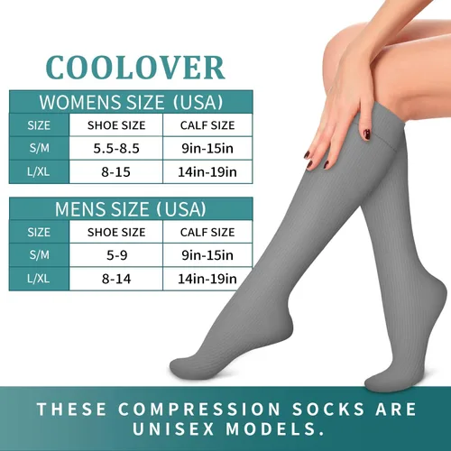 Vista 7 de COOLOVER Calcetines de compresión para mujeres y hombres, ideales para circulación, correr, atletismo, recuperación, enfermera, viajes