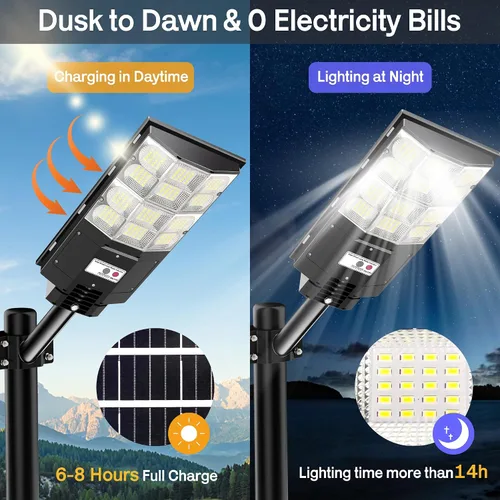 Vista 2 de Farolas solares impermeables para exteriores, 6500 K, 7000 W, gran angular, luz de inundación LED IP66 del atardecer al amanecer solar con sensor