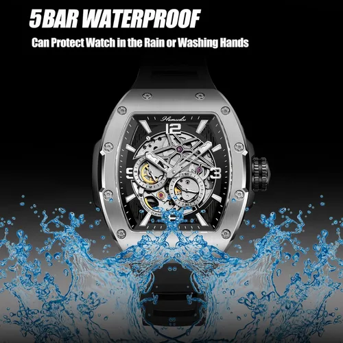 Vista 7 de HEMUDU Tonneau - Reloj mecánico automático para hombre, esqueleto de lujo, 50M, impermeable, ajustable, correa de silicona, reloj de negocios