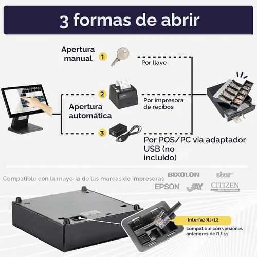 Vista 5 de Volcora Cajón de caja registradora de 13 pulgadas para sistema de punto de venta (POS) con bandeja de efectivo de 2 niveles totalmente extraíble, 4