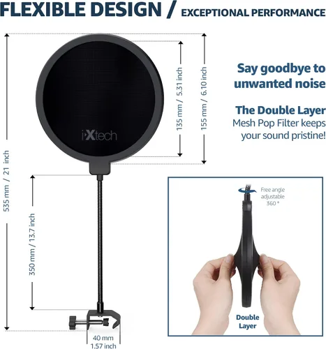 Vista 2 de Ixtech Filtro pop para micrófono, filtro pop Blue Yeti, pantalla de doble capa con un clip flexible de cuello de cisne de 360 grados