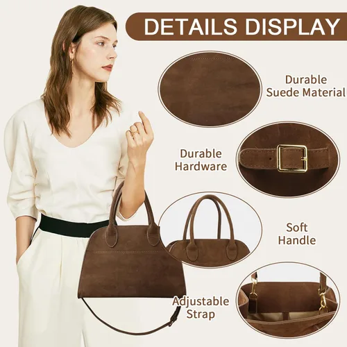 Vista 3 de Suede Tote Bag for Women,Women's Suede Purse Vintage Top Handle Bag,Fashion Shoulder Satchel Bag for Office Travel