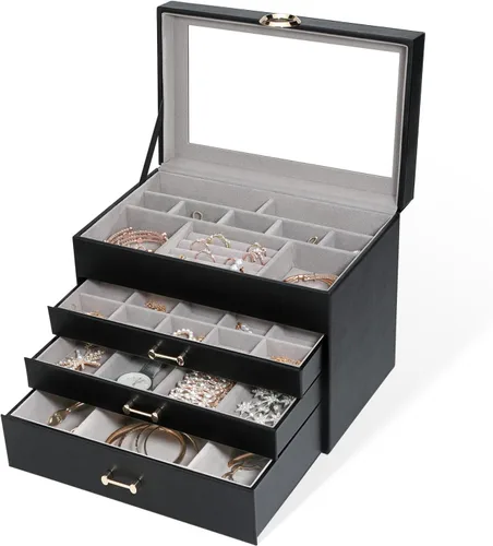 Vista 8 de V-LAFUY Joyero organizador de joyas para mujer, joyero con tapa de vidrio transparente de 4 niveles con 3 cajones, regalo para mujeres y niñas, tapa