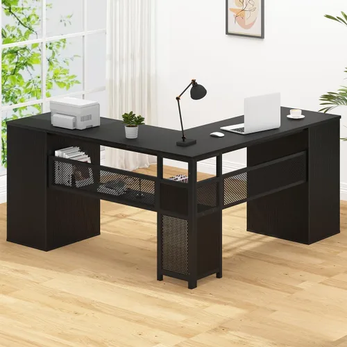 Vista 3 de HSH Escritorio negro en forma de L con cajones, escritorio de esquina con Roble negro