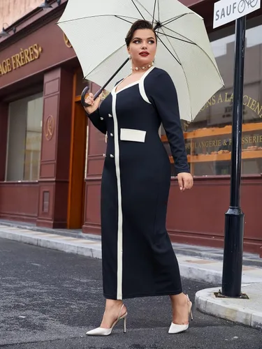 Vista 3 de WDIRARA Vestido largo ajustado de manga larga con bloques de color y dobladillo dividido para mujer