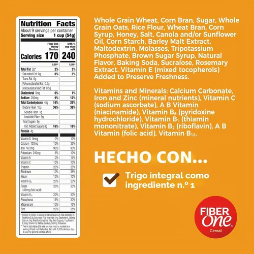 Vista 2 de Fiber One Honey Clusters Cereal de desayuno, cereal de fibra hecho con grano entero, 17.5 onzas