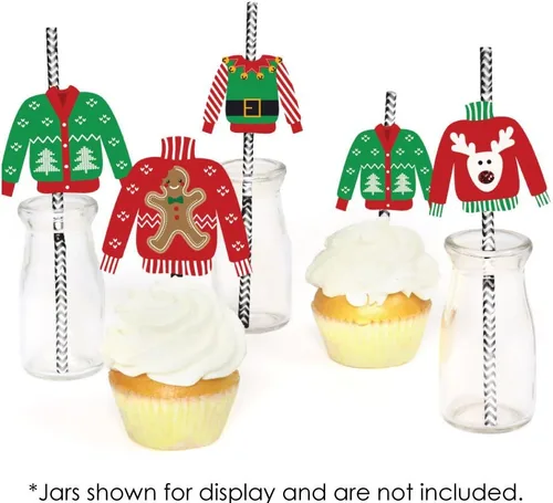 Vista 5 de Big Dot of Happiness Juego de 24 pajitas decorativas de papel para suéter feo, para fiestas de Navidad y Navidad