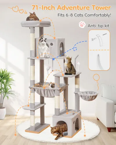 Vista 7 de Taoqimiao - Árbol para gatos de 71 pulgadas para gatos de interior grandes y adultos, torre alta de varios niveles, condominio para 2 gatos con 6