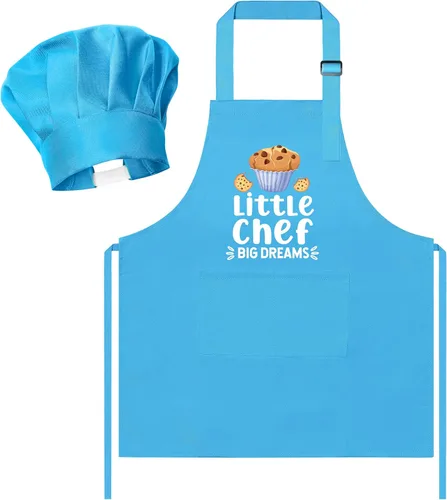Vista 41 de R HORSE Juego de delantal y sombrero de chef para niños, 2 piezas, mini parrilla ajustable, delantal de cocina para niños, juego de rol, juguete