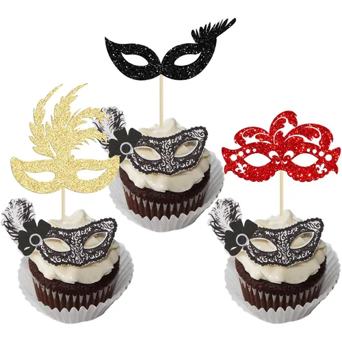 Vista 13 de Gyufise 24 máscaras de mascarada para cupcakes con purpurina para despedida de soltera, para cupcakes, comida y frutas, baile de máscaras, Mardi