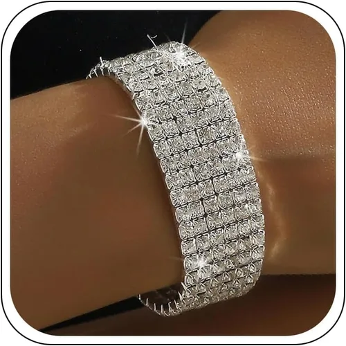 Vista 10 de Rhinestone Bracelet Silver Party Prom Jewelry for Women Cuff Bangles Sparkling Blingbling Tassel Crystal Tennis Bracelet Party Dress Accessories A2
