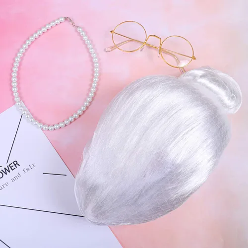 Vista 8 de Cooraby 3 piezas de peluca gris de anciana de 100 días de escuela, peluca de abuela, gafas de abuela, collar de perlas artificiales, juego