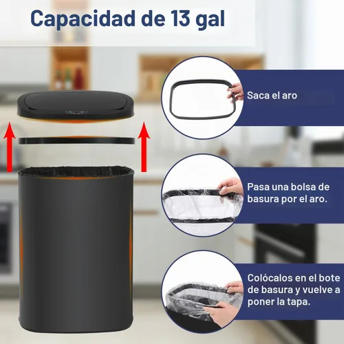 Vista 6 de Bote de basura automático negro con tapa, cubo de basura de 13 galones