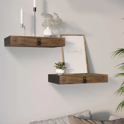 Vista 11 de Juego de 2 estantes flotantes con cajón, mesita de noche para dormitorio, baño o cocina, estante de pared de 16 pies con almacenamiento, color gris