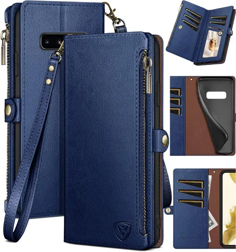 Vista 11 de XcaseBar Funda tipo cartera para Samsung Galaxy S10+/S10 Plus con cremallera y tarjetero de crédito con bloqueo RFID, funda de piel sintética