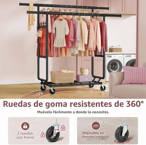Vista 5 de Hoctieon Perchero de doble varilla de montaje en 2 minutos, estante resistente para ropa con ruedas, plegable para uso comercial, barra extensible