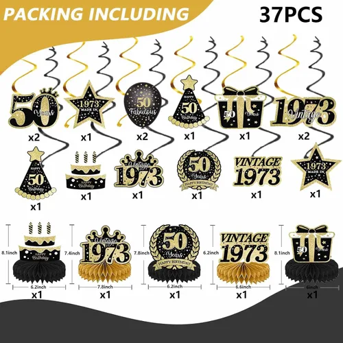 Vista 3 de Decoraciones de fiesta de cumpleaños número 50 en negro y dorado para mujeres y hombres, saludos a los 50 años, pompones de papel, remolino