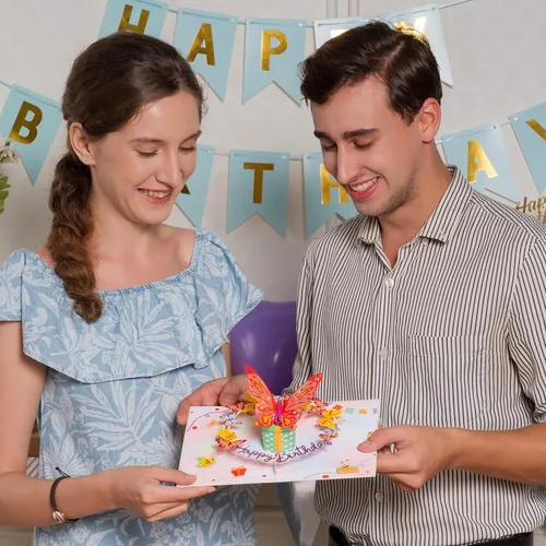 Vista 4 de Paper Love Tarjeta de cumpleaños desplegable 3D, mariposa, para adultos y niños, cubierta de 5 x 7 pulgadas, incluye sobre y etiqueta para notas