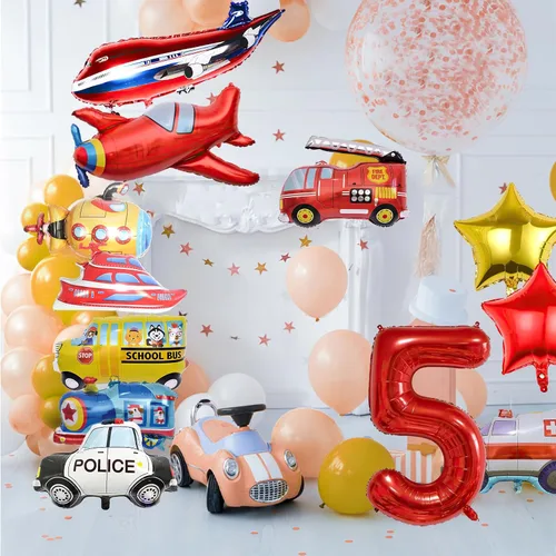 Vista 4 de 12 globos de transporte, camión, avión, autobús escolar, camión de bomberos, coche de policía, barco, ambulancia, submarino, globos de aluminio