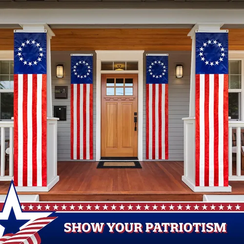 Vista 8 de G128 Paquete de 10: Banderines patrióticos estadounidenses y bandera desplegable de Betsy Ross, 13 estrellas bordadas en patrón circular con 5 rayas