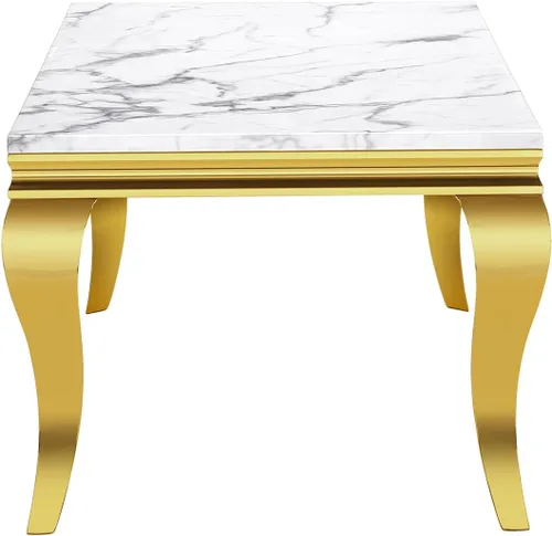 Vista 9 de Mesa de centro moderna, mesa central rectangular de mármol sintético blanco de 47 pulgadas, mesa de té de cóctel con acabado espejo dorado, base