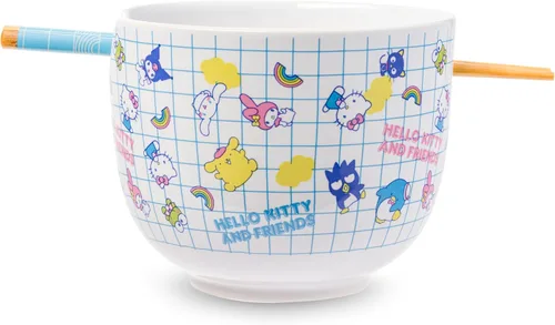 Vista 43 de Silver Buffalo Hello Kitty y sus amigos Chococat - Tazón de cerámica para ramen y arroz con palillos, patrón a cuadros, apto para microondas, 20