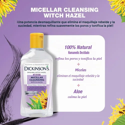 Vista 3 de Dickinson's Agua Micelar Limpiadora de Hamamelis, Un Desmaquillante Todo en 1, Refinador de Poros, Limpiador de Piel y Tónico; Sin Alcohol con Aloe