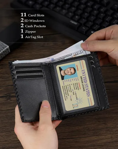 Vista 24 de Swallowmall AirTag Billetera para hombre con bloqueo RFID, de piel auténtica, plegable, para AirTag con 1 ventana de identificación, 13 tarjeteros