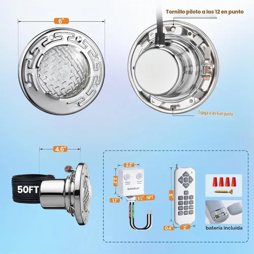 Vista 7 de SURAIELEC Luces LED de spa de 6 pulgadas, luces de piscina que cambian de color de 12 V CA para piscina enterrada, luz de spa subacuática