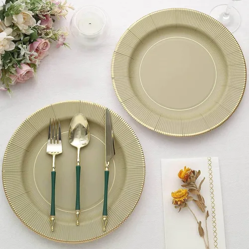 Vista 34 de Efavormart Paquete de 25 Platos Cargadores Desechables Sunray Metallic Sage Green de 13", Bandeja de Servir de Cartón, Redonda - 350 GSM Verde